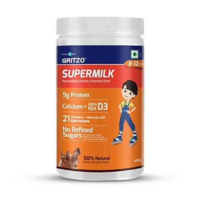 Nutranix dkm SuperMilk 8-12y, Kids Nutrition & Health Drink, High Protein (10 g), Calcium + D3, 21 Nutrients, Zero Refined Sugar, 100% Natural Double Chocolate Flavour, 400 g