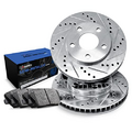 R1 Concepts Rear Brake Rotors Drilled and Slotted Silver with Semi Metallic Pads Compatible For 2014-2019 Mercedes-Benz CLA250