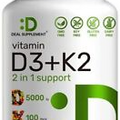 Vitamin D3 K2 Softgel 180 Counts 2-1 Complex Vitamin D3 5000 IU & Vitamin K2 MK7