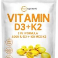Vitamin D3 5000 IU with K2 100 mcg Support Immune Heart, Joint, Teeth Bone (300)