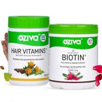 OZiva Hair Vitamins with DHT & Omega-3, 60 Capsules + Plant Based Biotin Powder