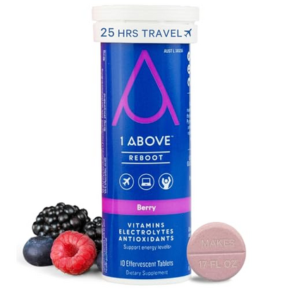 1Above Anti Jet Lag, Energy & Immunity Recovery Effervescent Drink Tablets. Pycnogenol + Vitamins + Electrolytes for Travel, Work and Party. 10 Count (1 Tube) - Berry