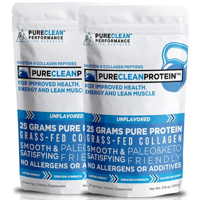 PureClean Protein Bone Broth Protein Powder - HydroBEEF Beef Protein Powder w/Collagen Peptides - Rich in EAAs BCAAs - Makes Great Snacks & Smoothies - Pure Paleo Post Workout (2 Bags Unflavored)