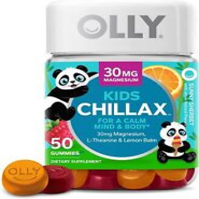OLLY Kids Chillax, Magnesium Gummies Plus L-Theanine Lemon Balm Sherbet 50 Count