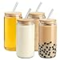 24 Glass Cups with Bamboo Lids and Straws, and Straw Brush, Cute Reusable for Boba Bottles, Ice Coffee Cups, Tea