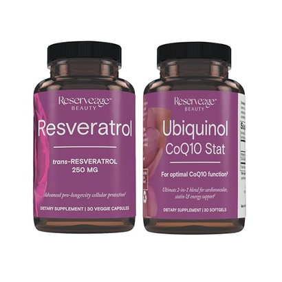 Reserveage Beauty, Resveratrol 250 mg, Antioxidant Supplement for Heart and Cellular Health 30 Caps & Ubiquinol CoQ10 Stat - Support for Cardiovascular System, Energy Levels & Cellular Health - 30