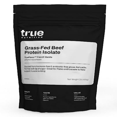 True Nutrition Grass Fed Beef Protein Powder Isolate - 29g of Paleo, Keto, Carnivore Beef Protein per Serving - Zero Carb, Fat Free, Gluten Free, Dairy Free, Soy Free - French Vanilla - 1LB