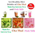 Set Healthy Diet Drinks of Cha Thai Matcha Green Tea and Pink Milk No Sugar Slim