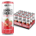 Optimum Nutrition Amino Energy Sparkling Hydration Drink, Electrolytes, Caffeine, Amino Acids, BCAAs, Sugar Free, Juicy Strawberry, 12 Fl Oz, 12 Pack (Packaging May Vary)