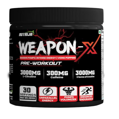 NutriJa Weapon-X Pre-Workout Powder with 21 Active Ingredients - 3 Best Forms of Creatine, AAKG, Beta-Alanine, Caffeinated | Pumps, Viens Popping, Energy, Focus & Strength (30 Servings (Pineapple))