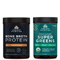 Ancient Nutrition Bone Broth Protein Powder, Salted Caramel, 20 Servings + Organic Supergreens Powder, Greens Flavor, 25 Servings