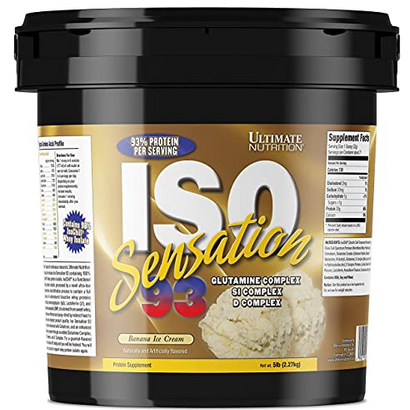 Ultimate Nutrition Iso Sensation 93 with Glutamine Complex Low Carb Whey Protein Isolate Powder – 30 Grams of Protein, Fat-Free, Keto Friendly, Banana Ice Cream, 5 Pounds