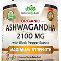 Organic Ashwagandha 2,100 mg - 100 Vegan Capsules Pure Organic Ashwagandha Powde