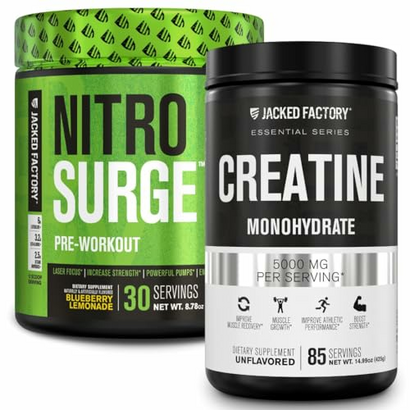 Nitrosurge Pre-Workout & Creatine Monohydrate - Pre Workout Powder With Creatine for Muscle Growth, Increased Strength, Endless Energy - Blueberry Lemonade Preworkout & Unflavored Creatine