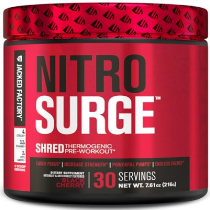 Jacked Factory NITROSURGE Shred Pre Workout Supplement - Energy Booster, Instant Strength Gains, Sharp Focus, Powerful Pumps - Nitric Oxide Booster & PreWorkout Powder - 30Sv, Black Cherry