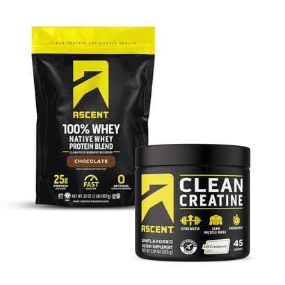 Ascent 100% Whey Protein Powder, Chocolate 2 lb & Creatine Monohydrate Powder, Unflavored 45 Servings