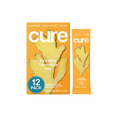 Cure Hydrating Electrolyte Mix | Natural Electrolyte Powder for Dehydration Relief | Made with Coconut Water | No Added Sugar | Vegan | Paleo Friendly | Box of 96 Packets - Ginger Turmeric Flavor