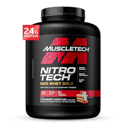 Whey Protein Powder MuscleTech Nitro-Tech Whey Gold Protein Powder Whey Protein Isolate Smoothie Mix Protein Powder for Women & Men Strawberry Protein Powder, 5 lb (69 Servings)