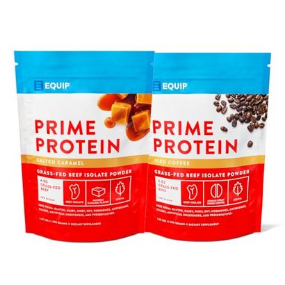 Equip Foods Prime Protein Powder - Salted Caramel & Iced Coffee - Grass Fed Beef Protein Powder Isolate - Keto and Paleo Friendly, Gluten Free Carnivore Protein Powder - Helps Build and Repair Tissue