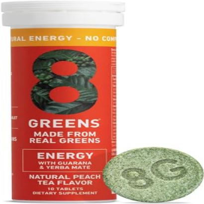 8Greens Daily Greens Energy Effervescent Tablets - Natural Energy Boost, Pre-Workout, No Crash, Greens Powder, Made with Guarana & Yerba Mate, Vitamin B12 - Peach Flavor, 10 Tablets
