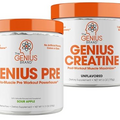Genius Pre Workout Powder, Sour Apple, and Genius Micronized Creatine Monohydrate Powder, Unflavored, All Natural Nootropic Pre Workout and Post Workout Supplement Stack
