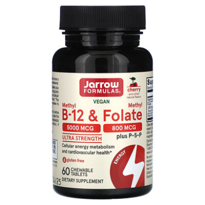 Jarrow Formulas, Vegan Methyl B-12 & Methyl Folate, Ultra Strength, Cherry, 60 Chewable Tablets