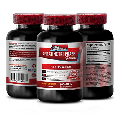 Creatine Capsules - Creatine Tri Phase - Creatine Monohydrate, Improves Short-Term Memory, creatine for Muscle gain, creatine Muscle Growth and Brain, Improves anaerobic Capacity - 1 Bottle - 90 Tabs