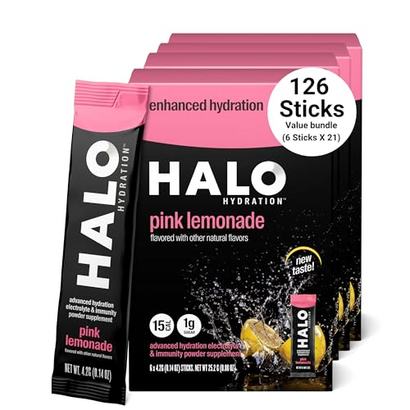 Halo Hydration Pink Lemonade - Electrolyte Drink Powder Sachets - Dietary Supplement, Rich in Vitamin C & Zinc, Complete Hydration - Keto, Vegan & Low Calorie - 126 Servings