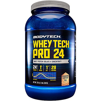 BODYTECH Whey Tech Pro 24 Protein Powder - Protein Enzyme Blend with BCAA's to Fuel Muscle Growth & Recovery, Ideal for Post-Workout Muscle Building - Strawberry Shortcake (2 Pound)