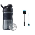 BlenderBottle SportMixer Shaker Bottle Perfect for Protein Shakes and Pre Workout, 20-Ounce, Black & 2-in-1 Shaker Bottle and Straw Cleaning Brush, 1 Pack,Gray