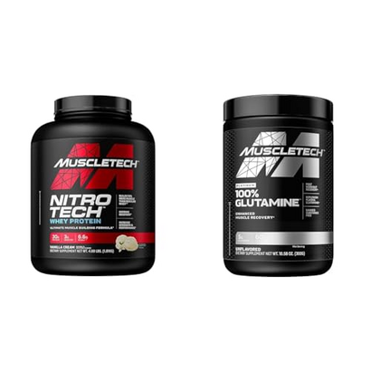MuscleTech Whey Protein Powder, Nitro-Tech Whey Protein Isolate & Peptides, Protein + Creatine & Glutamine Powder 100% Pure L Glutamine Powder | Post Workout Recovery Drink