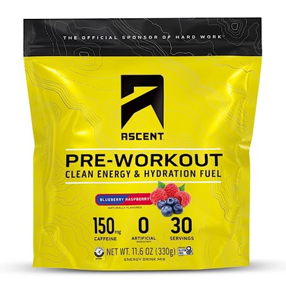 Ascent Pre Workout Powder - Preworkout for Men & Women with Zero Artificial Flavors & Sweeteners - Clean Energy with 150g Caffeine & 250g Electrolytes - Blueberry Raspberry, 30 Servings