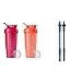 BlenderBottle Classic Shaker Bottle Perfect for Protein Shakes and Pre Workout, All Pink and Coral & Stay-In-Bottle Reusable Silicone Straws for Shaker Bottles, Black and Blue (2 Pack)