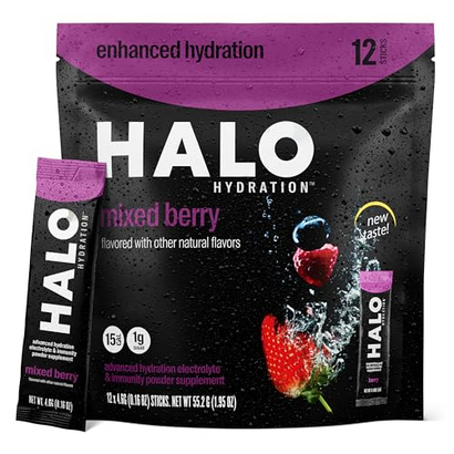 HALO Hydration - Electrolyte Drink Mix | Hydration Powder Packets | Berry Flavor – For Sports and Cycling | Easy Open Single Serving Stick | 12 Sticks