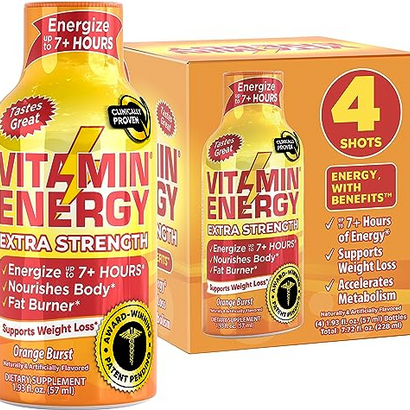 Vitamin Energy Extra Strength Energy Drink Shots | Natural Nutrients to Energize & Support Immune System | Sugar & Carb-Free | Immunity Formula | up to 7+ Hours | Orange Burst- 1.93 fl oz - Pack of 4