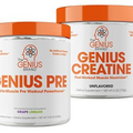 Genius Pre Workout Powder, Grape, and Genius Micronized Creatine Monohydrate Powder, Unflavored, All Natural Nootropic Pre Workout and Post Workout Supplement Stack