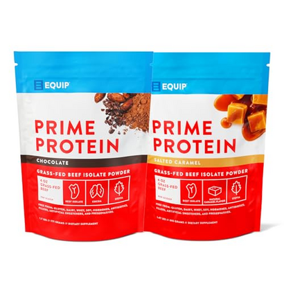 Equip Foods Prime Protein Powder - Chocolate & Salted Caramel - Grass Fed Beef Protein Powder Isolate - Keto and Paleo Friendly, Gluten Free Carnivore Protein Powder - Helps Build and Repair Tissue