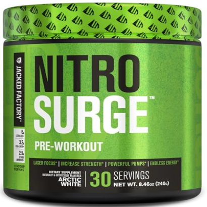 Jacked Factory NITROSURGE Pre Workout Supplement - Endless Energy, Instant Strength Gains, Clear Focus, Intense Pumps - NO Booster & Powerful Preworkout Energy Powder - 30 Servings, Arctic White