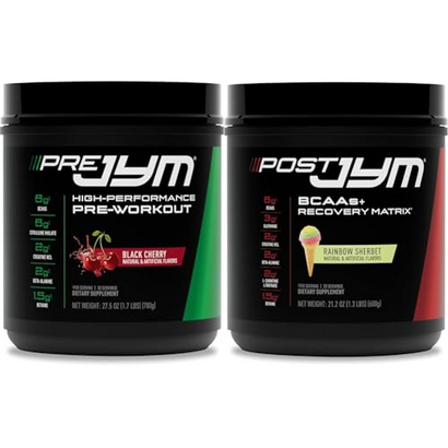 PRE JYM 30 Black Cherry & Post JYM Rainbow Sherbert Post-Workout 30 Servings Muscle Recovery Drink
