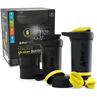 BluePeak ProStak Protein-Shaker-Flasche, 2 Stück, 100 und 150 ml, inkl. Tablettenablage, BPA-frei (Schwarz und Gelb)