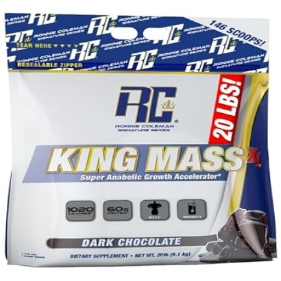 Ronnie Coleman Signature Series King Mass XL Protein Powder, Weight and Muscle Gainer, 60g Protein, 180g Carbohydrates, 1,000+ Calories Per Serving, Creatine and Glutamine (20lb, Dark Chocolate)