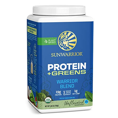 Sunwarrior Warrior Blend Protein Greens Powder Drink Mix | BCAA Plant Based Organic Hemp Seed Vegan Gluten Free Non-GMO Low Carb Protein Powder | Unflavored 750 G 30 SRV