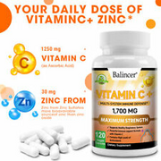 Vitamin C 120 capsules 1700mg for Immune Health Support, Bones, Joints & Stress
