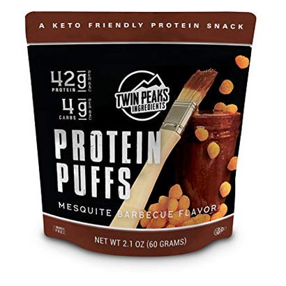Twin Peaks Low Carb, Keto Friendly Protein Puffs, Mesquite Barbecue 2 Servings, 3 Pack (60g, 42g Protein, 4g Carbs, 120 Cals)