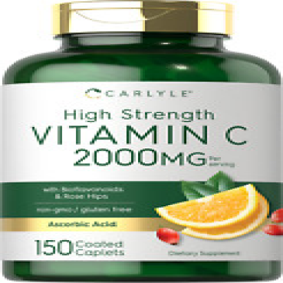 Vitamin C 2000mg | with Rose Hips & Bioflavonoids | 150 Caplets | by Carlyle