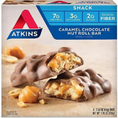 Atkins Caramel Chocolate Nut Roll Snack Bar Protein Snack High Fiber 6/5 Packs