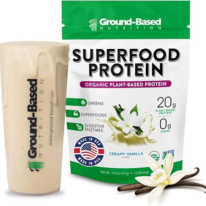 Ground-Based Nutrition Plant-Based Protein Powder – Superfood + Essential Greens Powder – Keto, Paleo, Low Calorie Organic Vegan, Non-GMO, Gluten Free - 14 Servings, Creamy Vanilla
