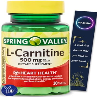 L Carnitine Amino Acid Supplement Spring Valley, 500 mg, Unflavored, 30 Count and Bookmark Gift of YOLOMOLO