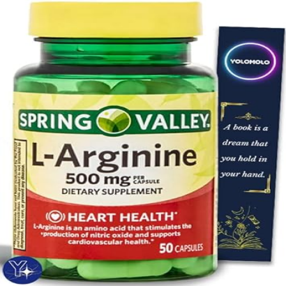 L-Arginine Amino Acid Spring Valley Supplements, 500 mg, 50 Count and Bookmark Gift of YOLOMOLO