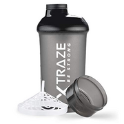 xtraze® Protein Shaker 500 ml with Powder Compartment 150 ml, BPA free, Leak Proof Fitness Bottle with Measurements, Mixer with Sieve for Creamy Lump-Free Protein Shakes, Black